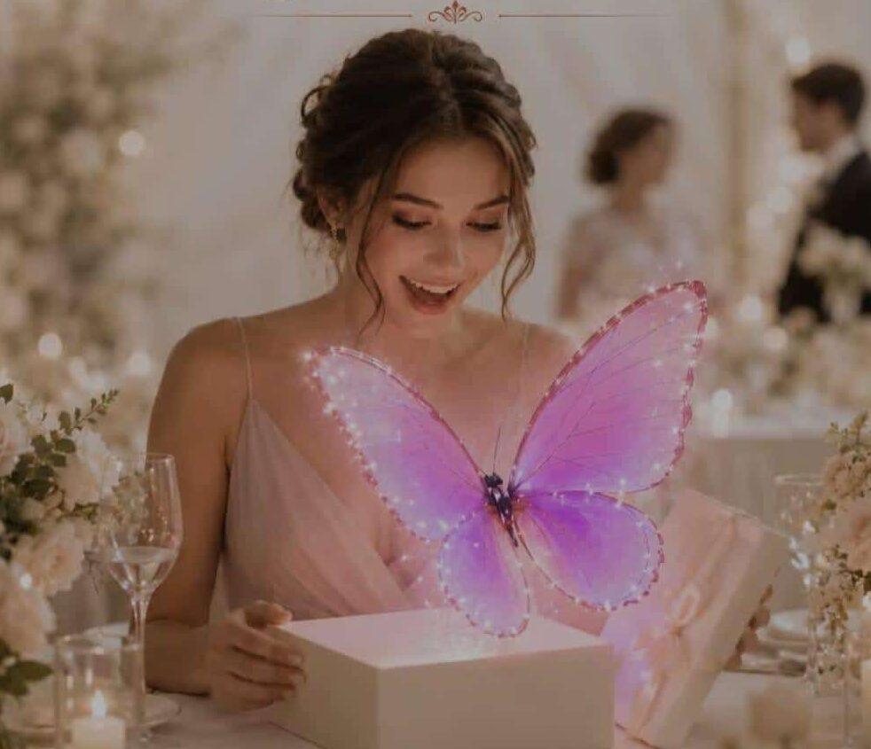 A bride looks down at a floating purple butterfly on her Wedding day. Amazing wedding entertainment
